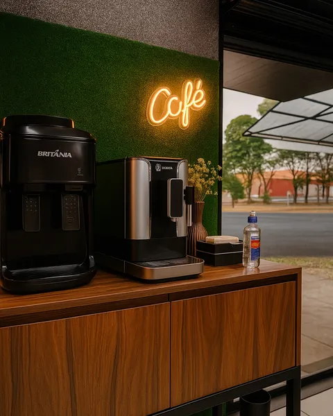 Cantinho do café da Trimmos Barbearia, com letreiro neon "Café", máquinas de café sobre bancada de madeira e porta de vidro para a rua